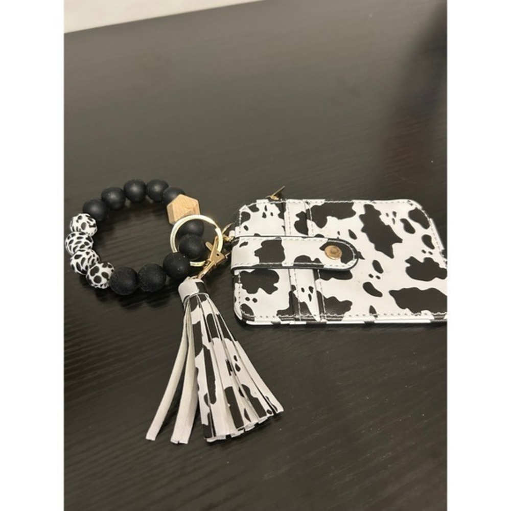 Cow Print Beaded Keychain‎ Card Holder Wallet Bracelet Wristlet Women